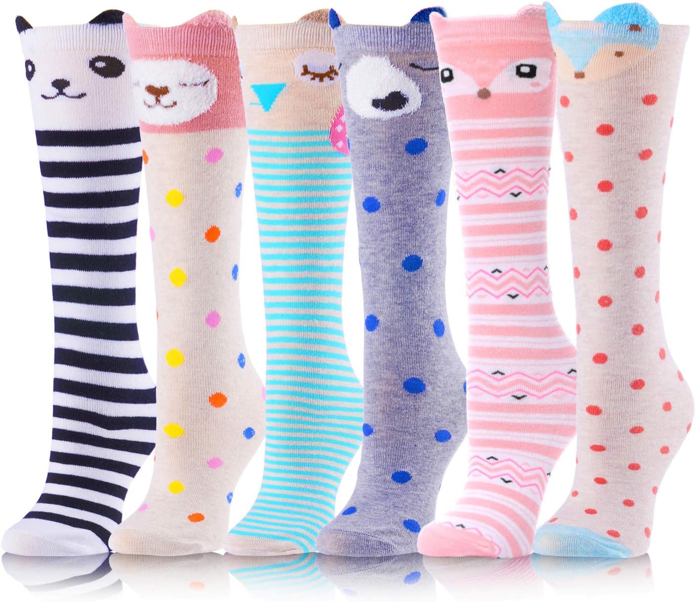 Girls Knee High Long Socks for Child 6 Pairs Fun Animal Pattern Tall Crazy Cute Girls Gift Boot Funny Kids Socks