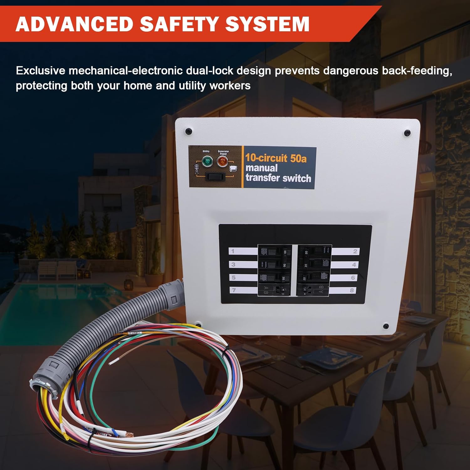 50 Amp 240V Manual Transfer Switch Kit Indoor Pre-Wired 10-Circuit Selector Compatible with Generac 9854,for Portable Generators Such as XG10000E, XP10000E, GP15000E, and GP17500E