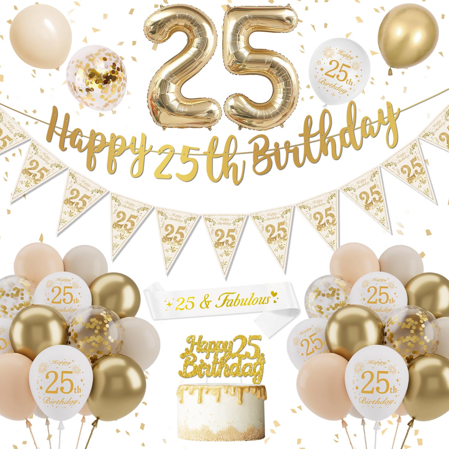 25th Birthday Decoration for Women - Gold Happy Birthday Banner, Sand White Balloons, Confetti Latex Balloons, Cake Topper for Party Decorations