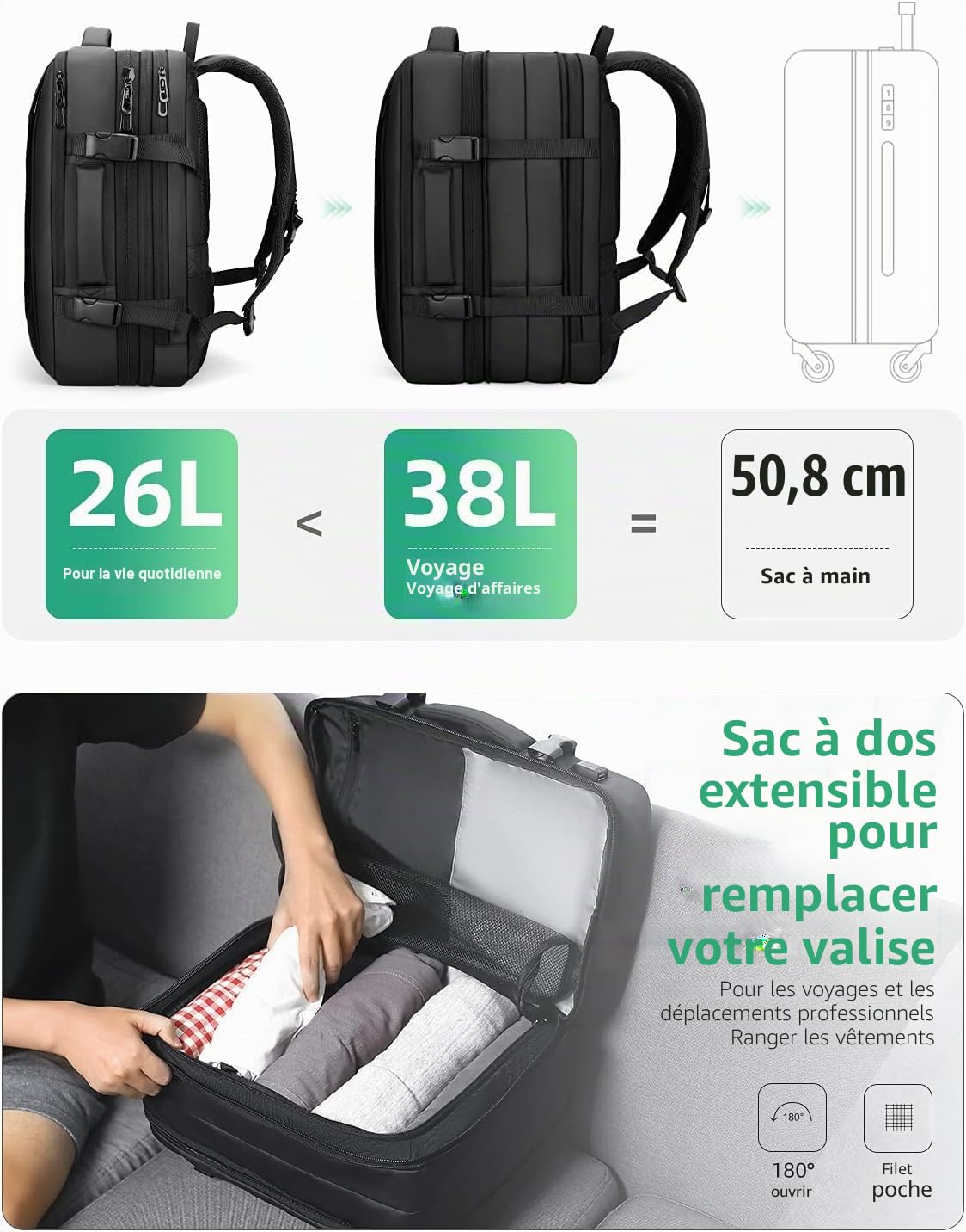 MARK RYDEN Sac à Dos de Voyage Professionnel 23 L / 40L, Sac de Week-End Extensible léger et approuvé pour Le vol avec Port de Chargement USB pour Ordinateur Portable 17.3