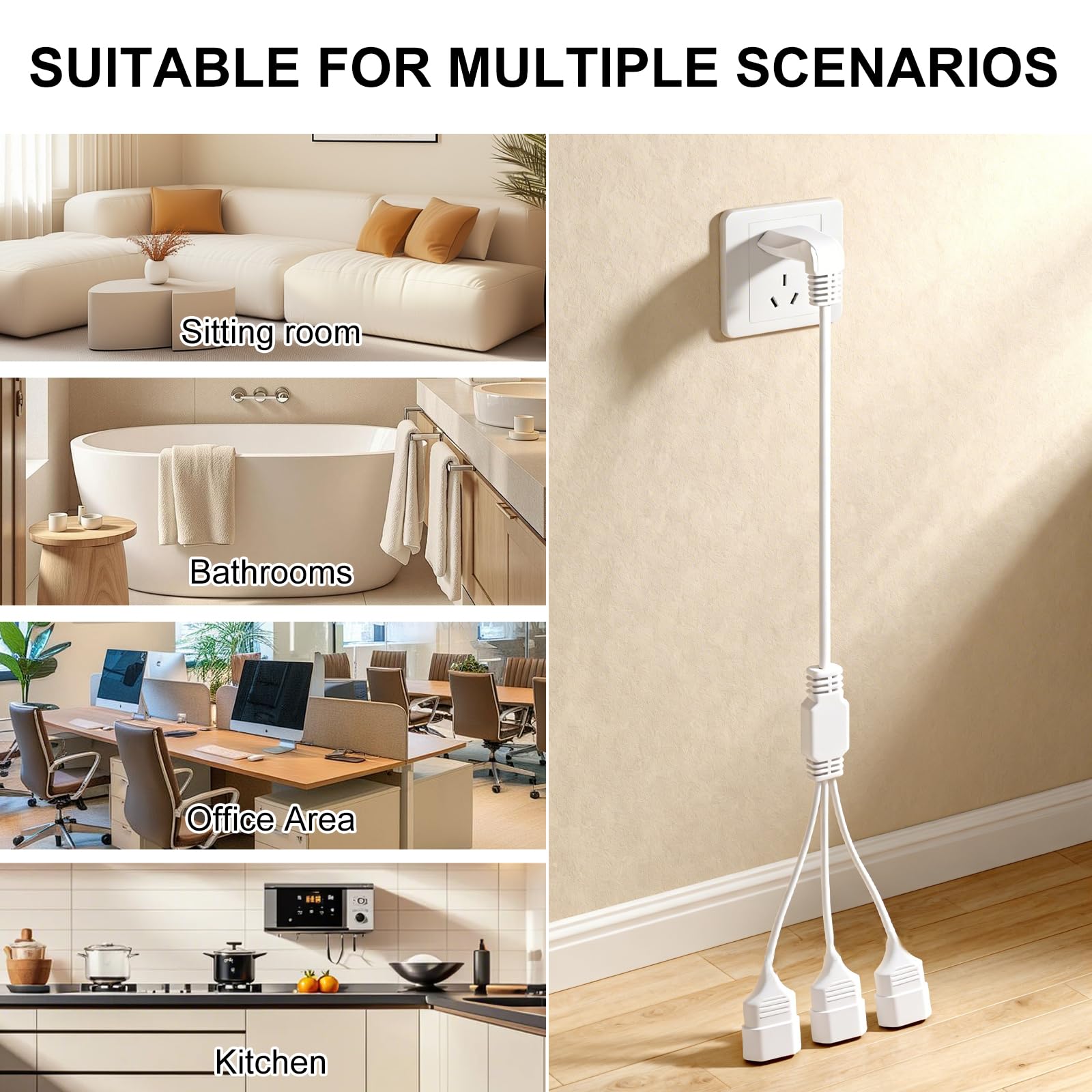 HENGBIRD Przedłużacz 3 w 1, płaska wtyczka euro, przedłużacz 90°, płaska wtyczka 2,5 A/250 V, 0,5 m, krótki kabel przedłużający, potrójna wtyczka do telewizora, komputera, monitora, gospodarstwa