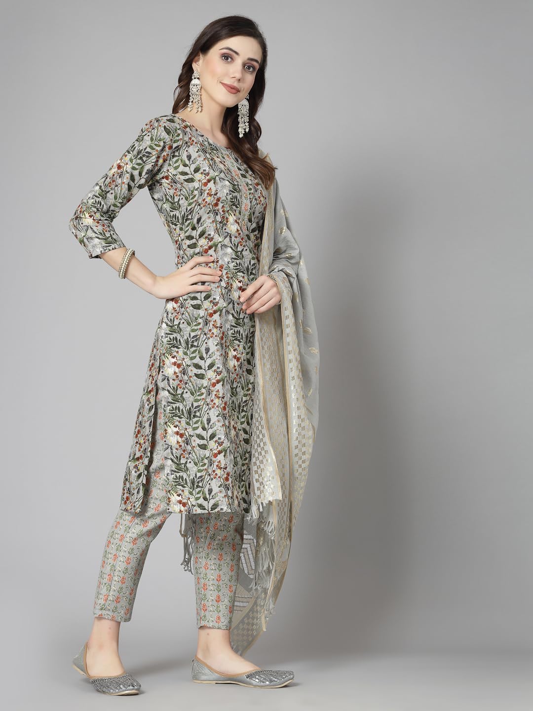 Stylum Women's Floral Printed Cotton Blend Straight Kurta Pant Dupatta Set (Kpdgreendangal42_Green, Xl)