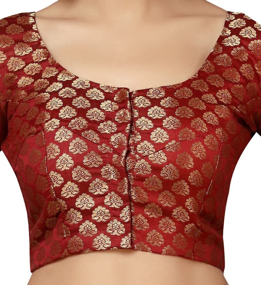 Image of Studio Shringaar Women's Readymade Brocade Short Sleeves Saree Blouse
