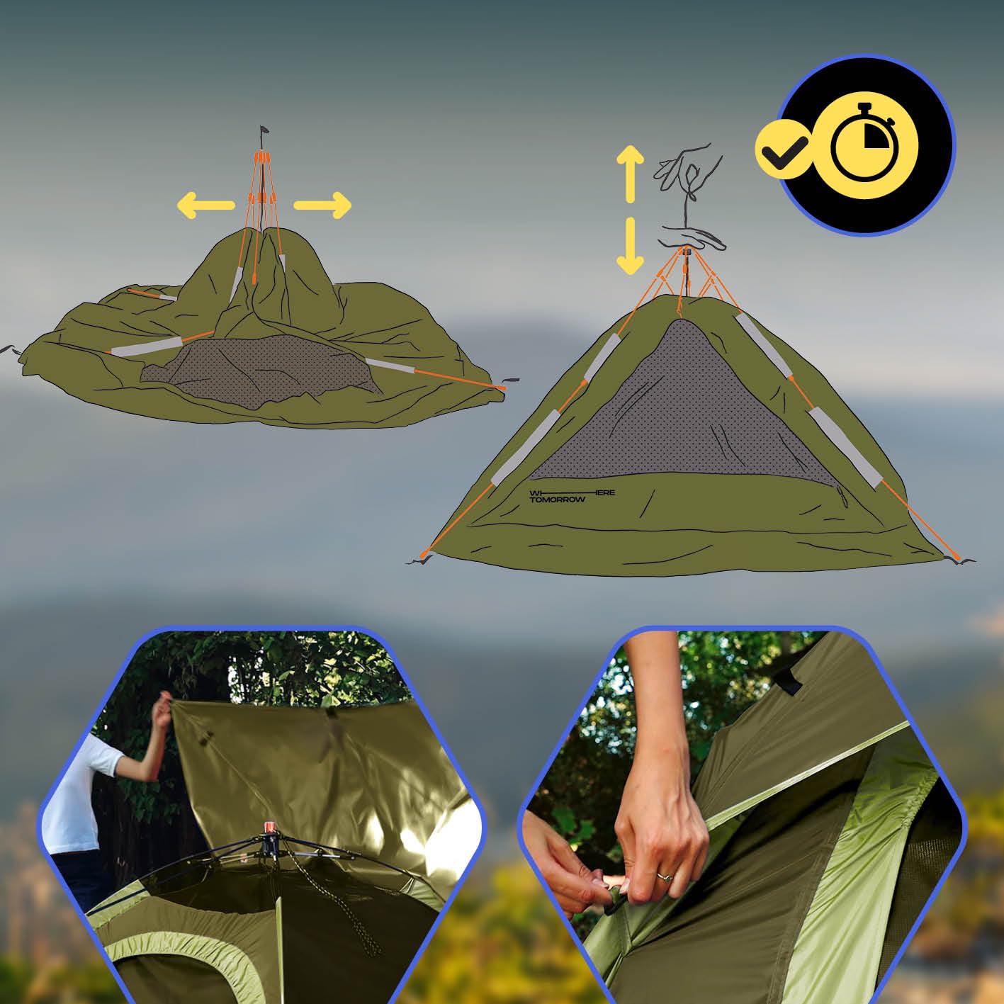 Lumaland Tienda de campaña Outdoor Light Pop Up Ligera para 3 Personas Camping Acampada Festival 210 x 190 x 110 cm Verde