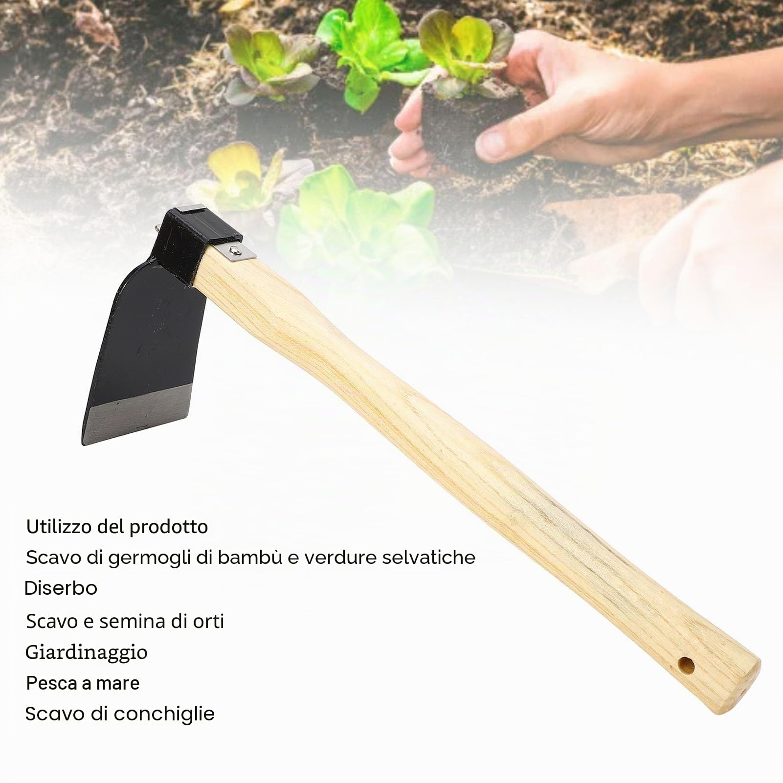 Zappa Giardino Portatile con Manico in Legno - Strumento da Giardinaggio per Scavo, Piantare e Diserbo