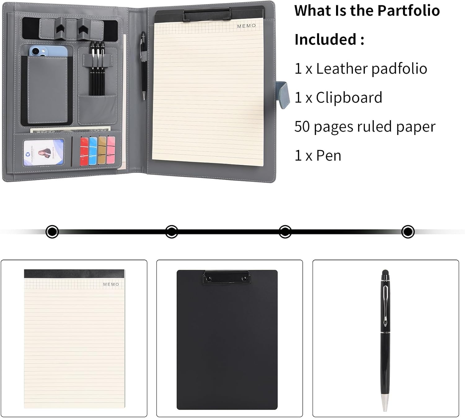 Wason Portfolio Padfolio A4 Leather PU Folder File Document Holder Case with Writing Pad Removable Clipboard Card Stationary Case Phone Tablet Stand for Organizer Office Travel School (Red Wine)