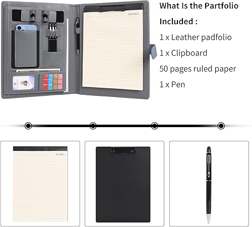 Miniatura 7 de Wason Portafolio Padfolio A4 Carpeta de cuero PU Archivo Estuche con almohadilla de escritura y portapapeles extraíble para organizador de oficina,