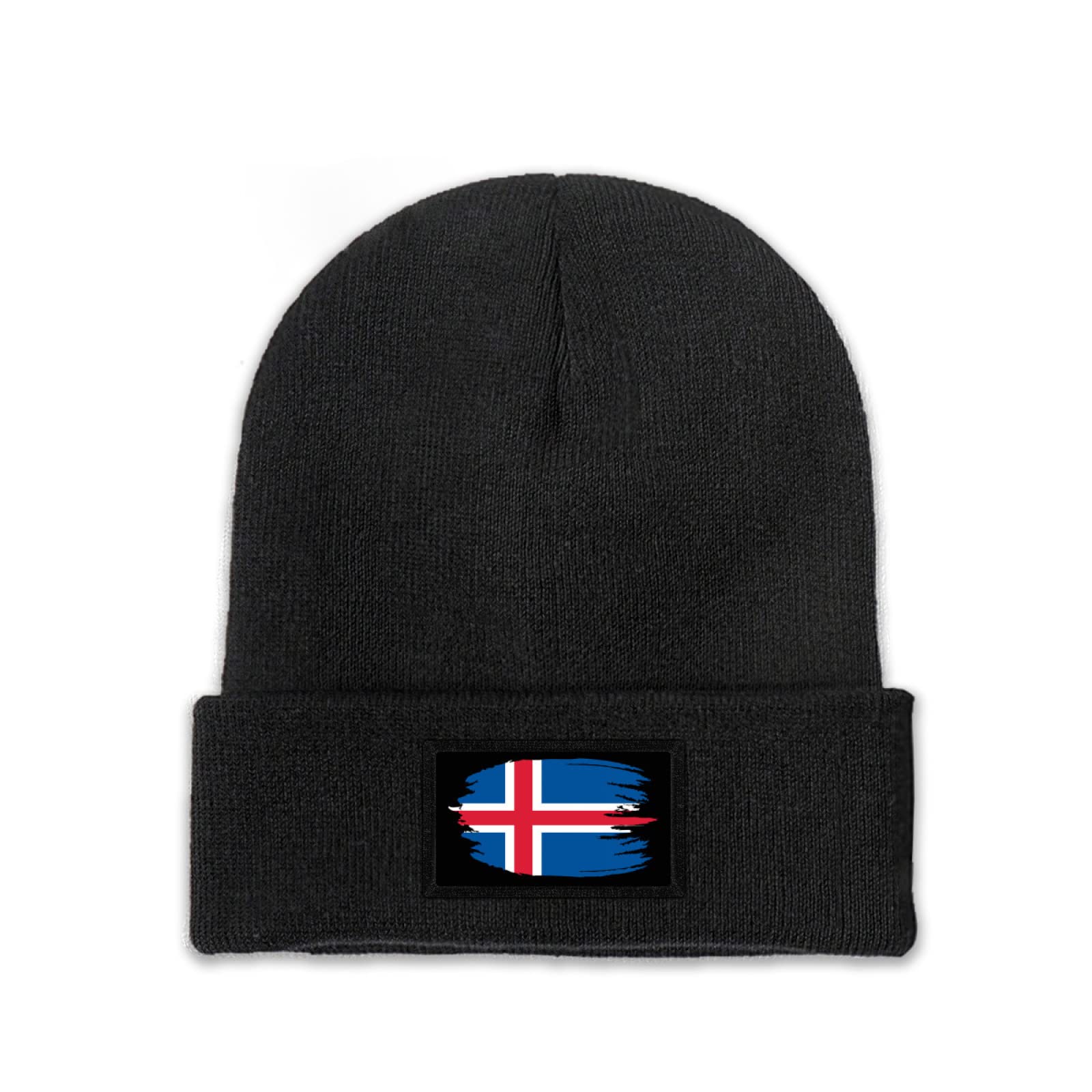 Pelnyc Unisex Black Iceland Nation Flag Knitted Hat Beanie Hats Adult Women Winter Knit Cap Embroidered Sticker