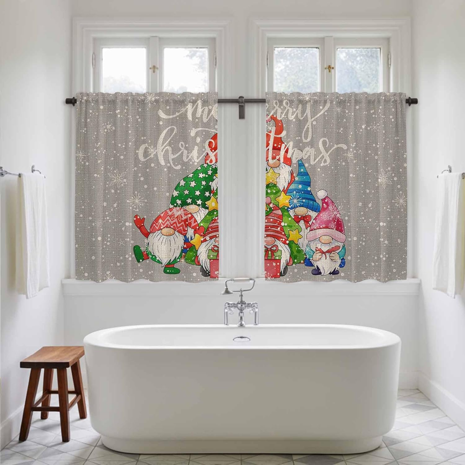 Christmas Grey Kitchen Tier Curtains 45 Inch Long 2 Panel Set,Rod Pocket Short Window Treatment,Vintage Gnomes Snowflakes Pine Tree Curtains & Drapes for Bathroom Basement 27.5"W x 45"L