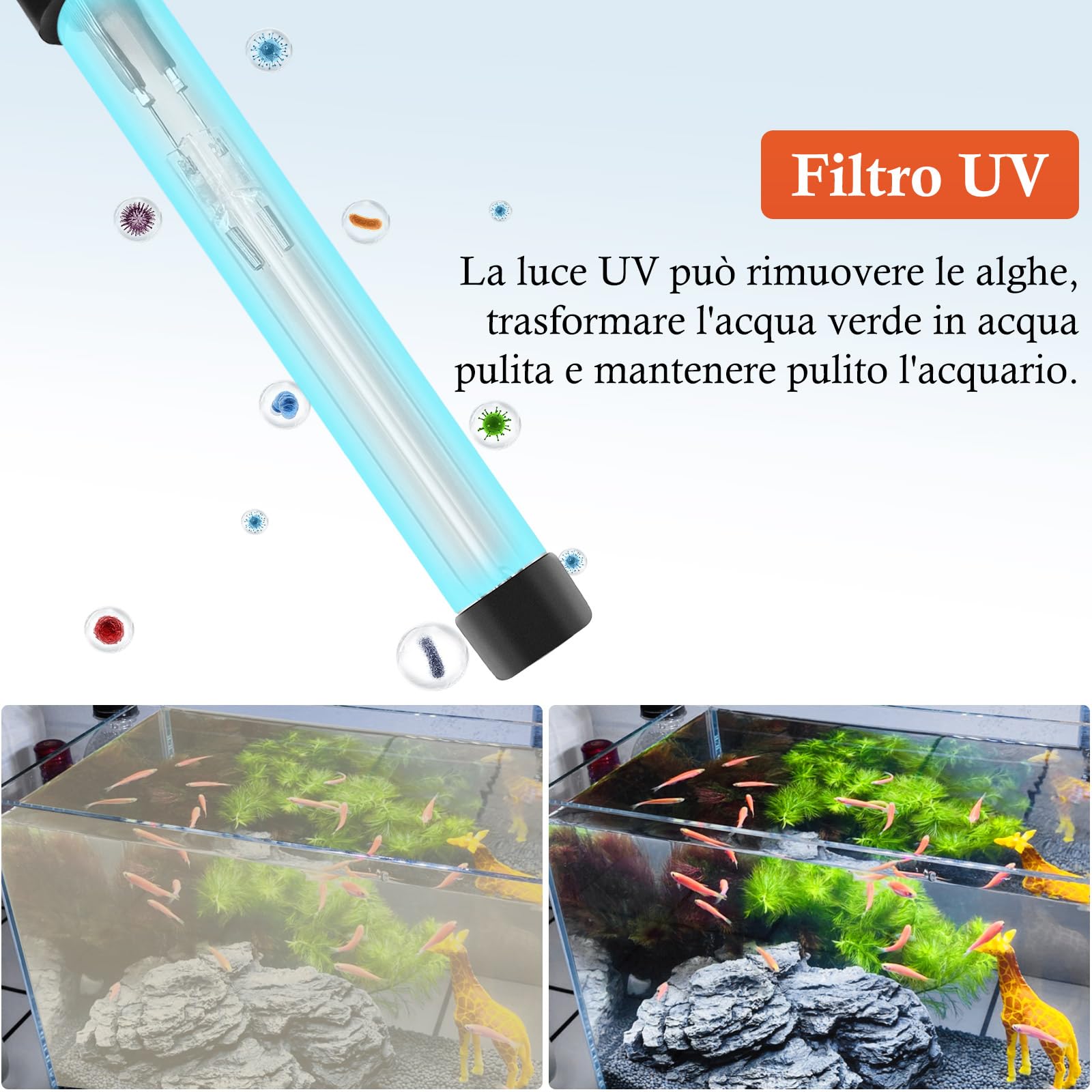 Filtre D’Aquarium Submersible Interne UV 600 L/h, Minuterie UV Et Lampe UV De Rechange, 8W Réglable pour Aquarium De 30-180L, avec Coton Biochimique