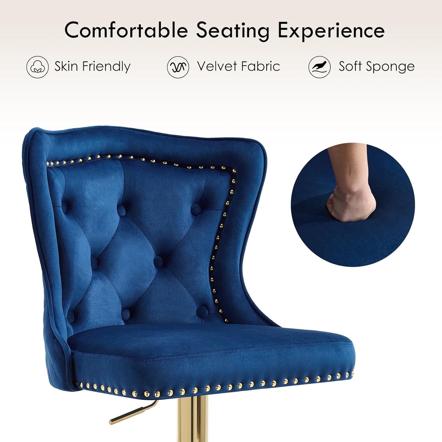 Bar Stools Set of 2, Adjustable Velvet Counter Bar Stools with Botton Tufted Back Swivel Upholstered Comfy Chairs Lion Head Pull Ring Gold Base for Kitchen Island, Dining Room, Dark Blue