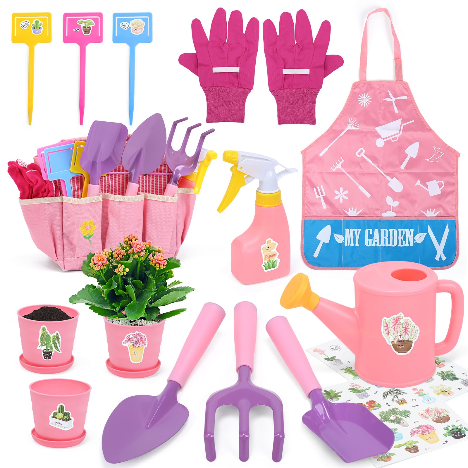 CUTE STONE Pink Kids Gardening Tool Set, Garden Toys W/Shovel, Rake, Trowel, Apron W/Pockets, Garden Tote Bag, Watering Can
