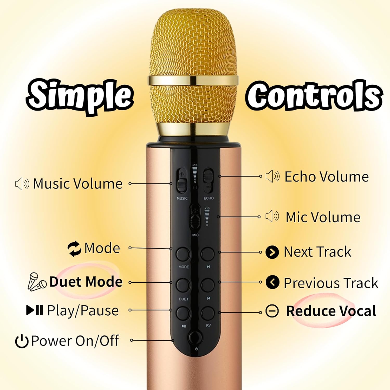 Bluetooth 5.3 Handheld Wireless Karaoke Microphone, Portable 10W Dual Speaker Mic with Clear Vocals & Echo, Home Party Karaoke Machine (Gold)