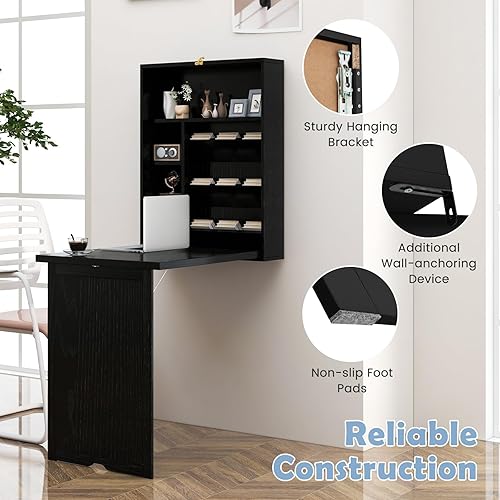 Miniatura 4 de Tangkula Escritorio montado en la pared, escritorio flotante convertible plegable, escritorio Murphy multifunción para oficina en casa, escritorio