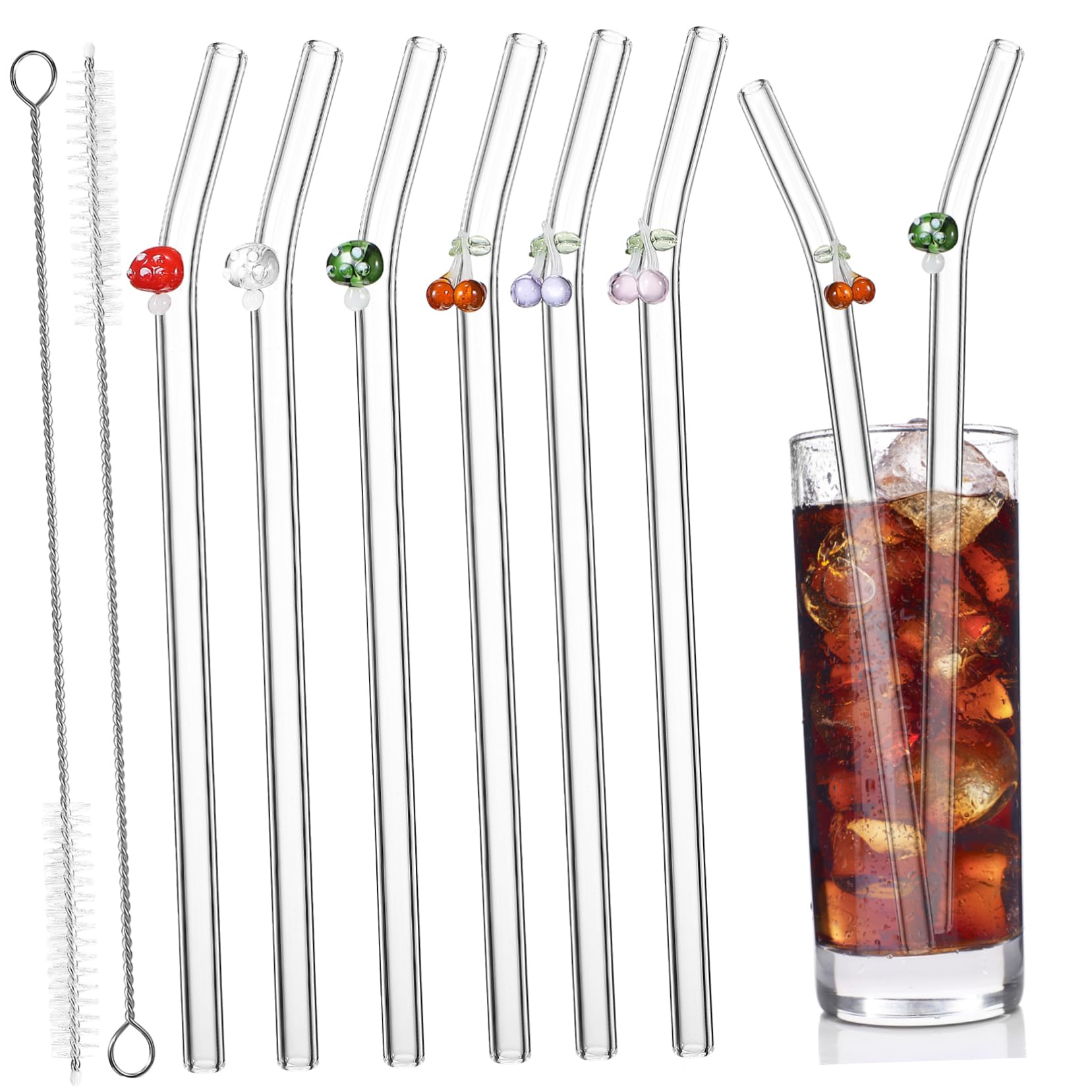 6 Pailles en Verre Courbées Réutilisables Transparentes avec 2 Brosses