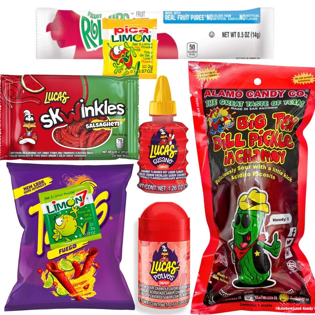 Tiktok Chamoy Pickle Kit With Fruit-Roll-up & Chips, Includes Lucas Gusano, Skwinkles Salsagheti & More by Ma Lit Candy (Big Tex Chamoy Pickle)