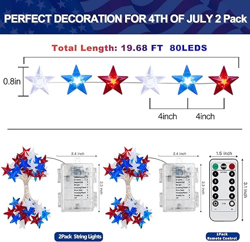 Miniatura 2 de Govetom 40 luces LED rojas, blancas y azules de 10 pies, paquete de 2 luces de Navidad rojas, blancas, azules y luces de bandera, batería para