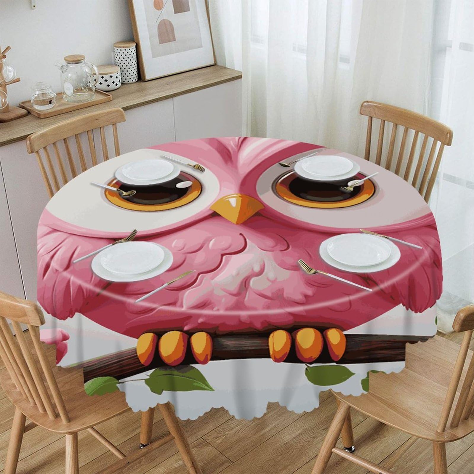 VstaDank A Pink Owl Round Tablecloth 60 Inch Easy to Clean Circle Table Cover Thick Decorative Round Polyester Table Cloth for Dining Kitchen Party Farmhouse Outdoor