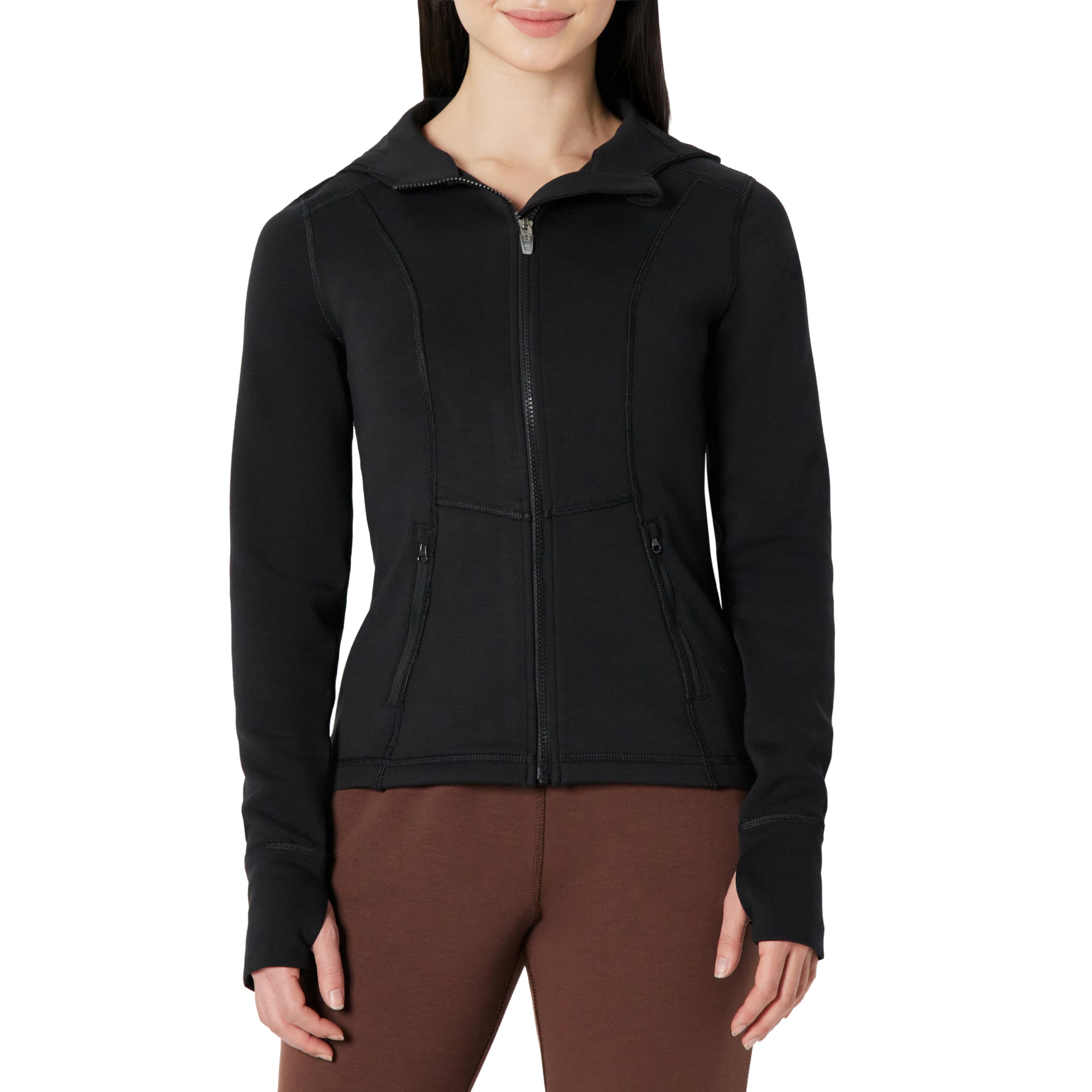 Amazon Essentials Women's Fitted Active Sweat Zip Jacket with Hood, Black, X-Small