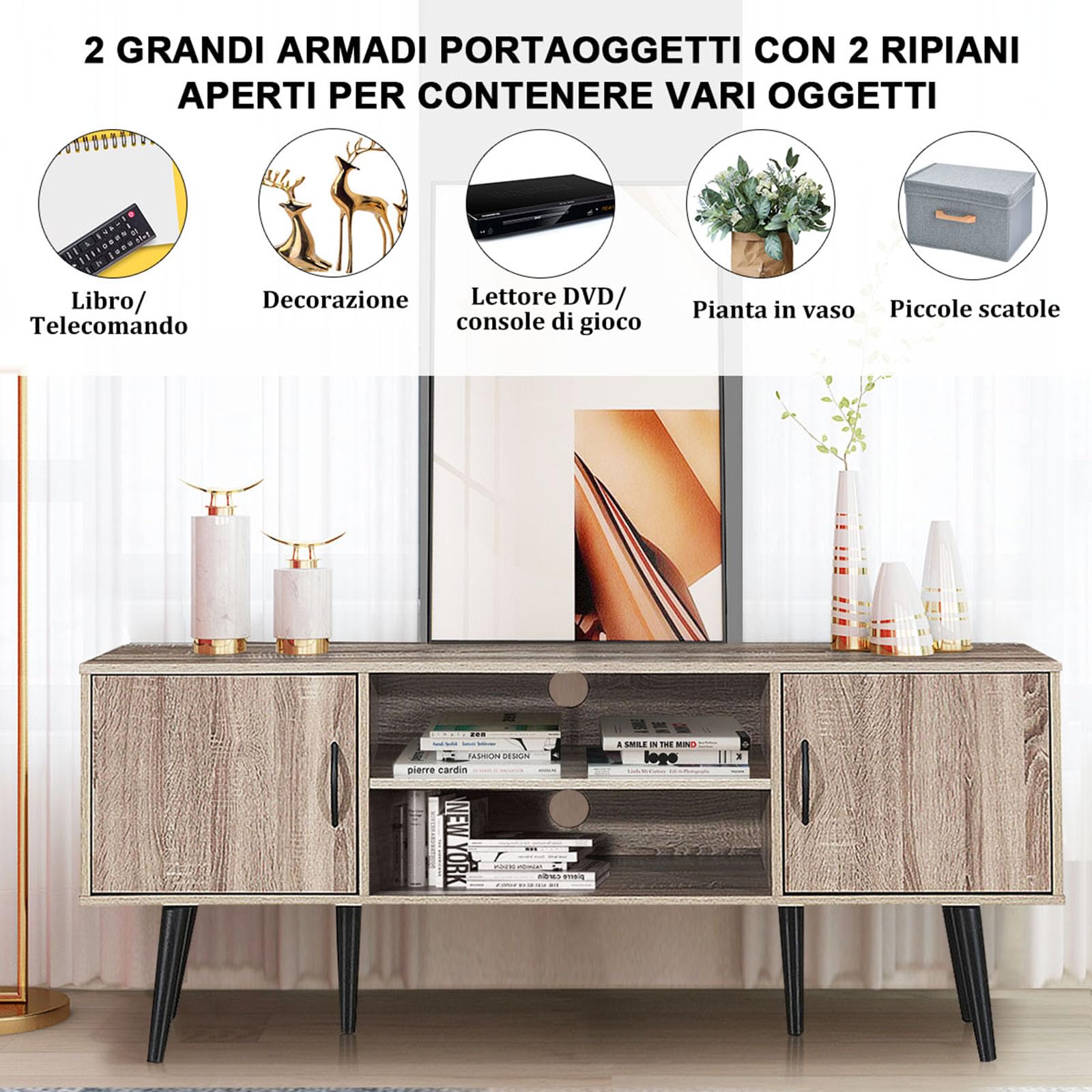 COSTWAY Mobile Porta TV Moderno, Supporto per TV con 2 Armadietti, Mensola Aperta, per TV fino a 65 Pollici, per Salone, Camera da letto, Corridoio, 147 x 39,5 x 62 cm