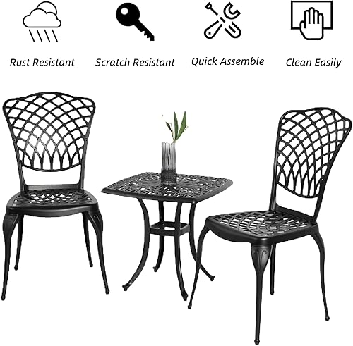 Miniatura 7 de Juego de 3 piezas de aluminio fundido para exteriores, 1 mesa de patio y 2 sillas para jardín y balcón, durabilidad resistente al óxido, color negro
