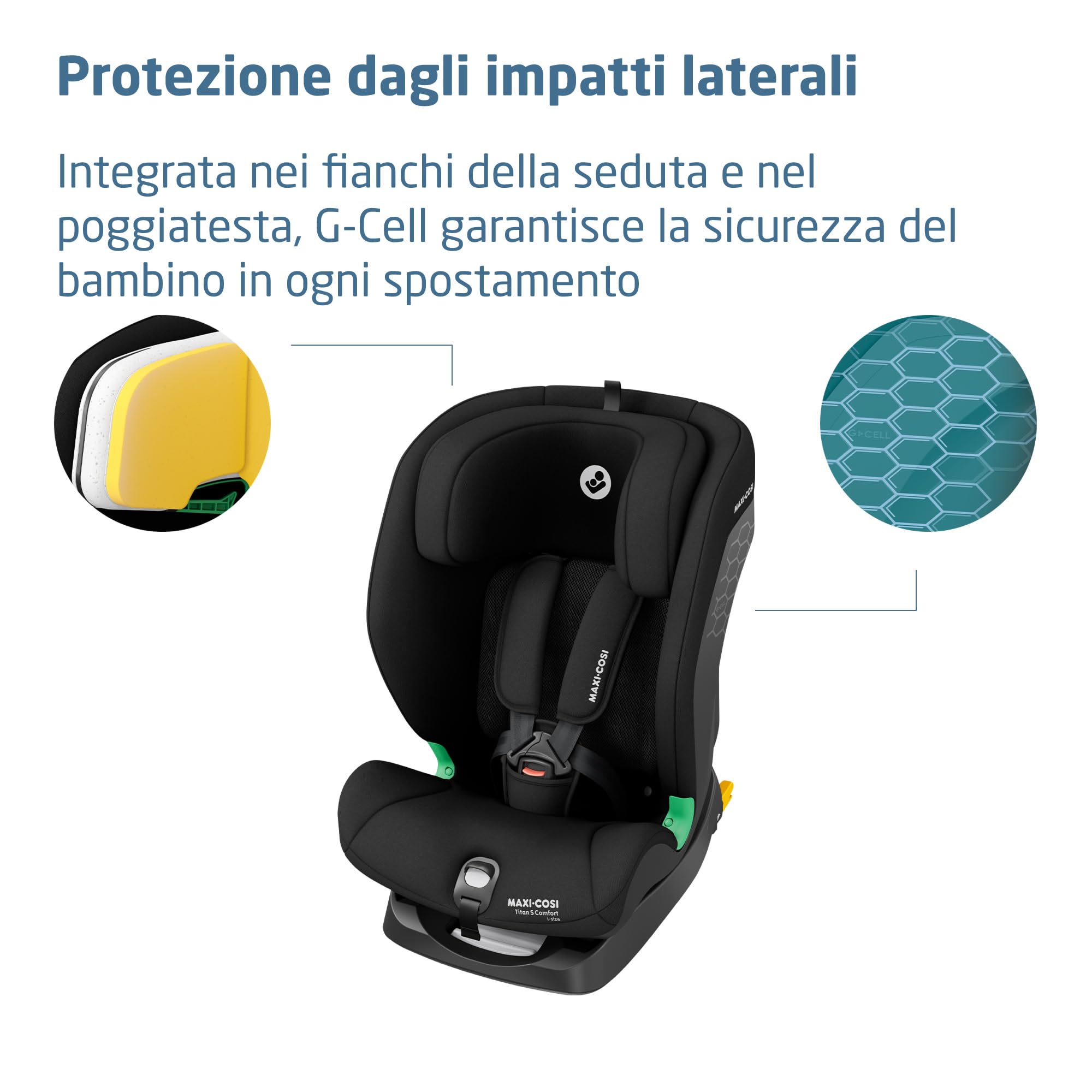 Maxi-Cosi Titan S Comfort i-Size, Tessuti Traspiranti, Seggiolino Auto ISOFIX, 15 mesi - 12 anni (76-150 cm), Seggiolino Auto Reclinabile 5 posizioni, 13 Posizioni Poggiatesta, G-CELL, Authentic Black