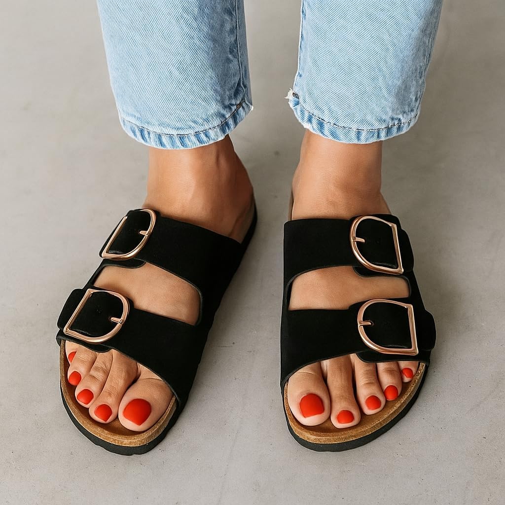 CUSHIONAIRE Legacy Cork Footbed Sandals for Women – Leather Double Strap Slides with Adjustable Buckles + Memory Foam - Image 3