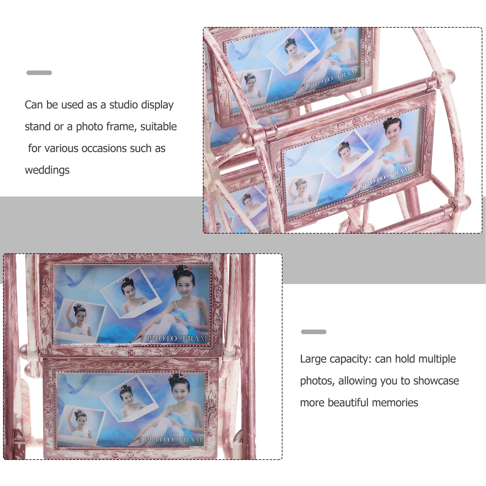 Riesenrad Fotorahmen aus Abs, Drehbar, Rosa für Schreibtisch | Familienfotos als Tischdeko, Kreative Form für Selbstgemacht und Hochzeiten, Leicht zu Reinigen