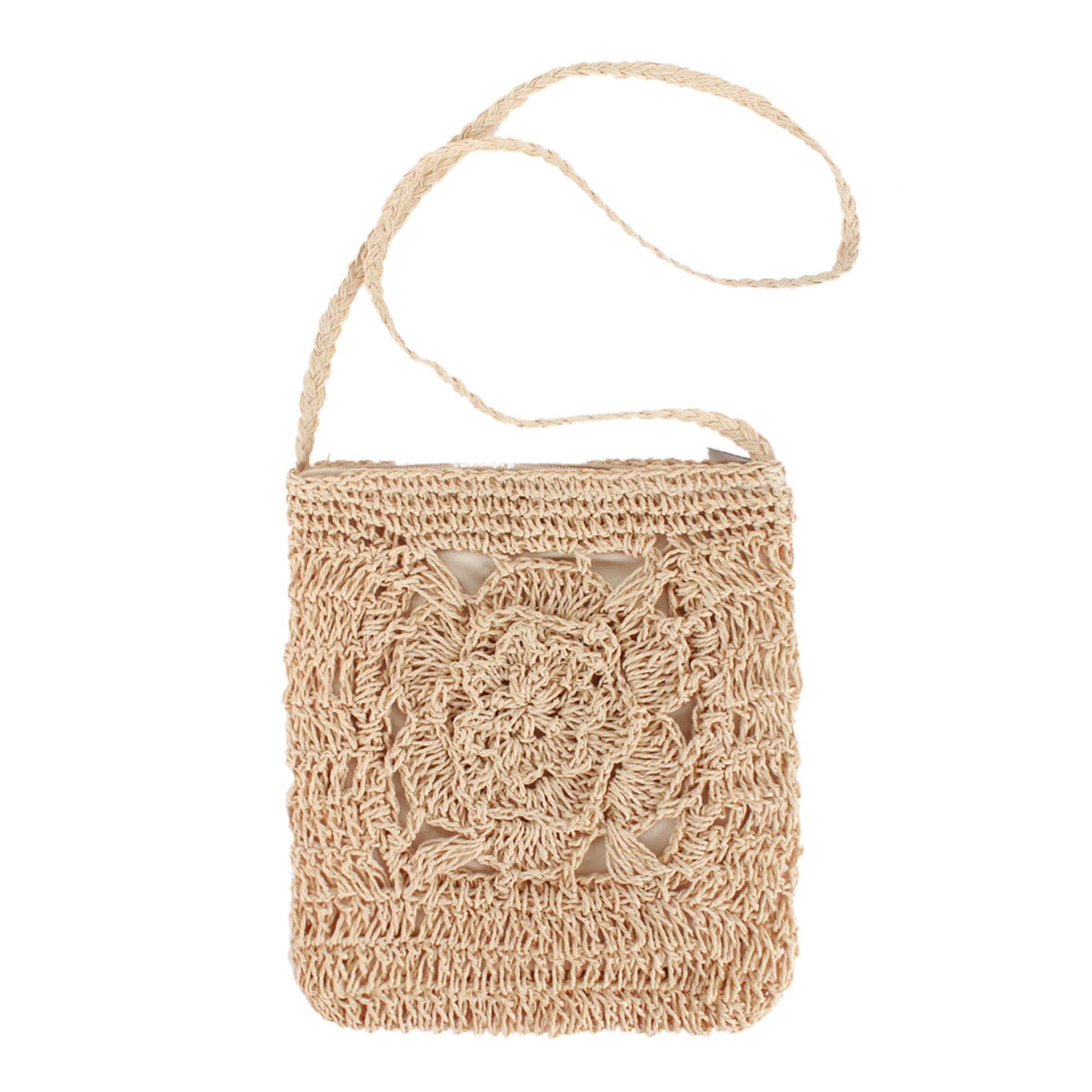 Van Caro Handwoven Cotton Straw Shoulder Bag Crochet Tassel Beach Bohemian Purse for Women