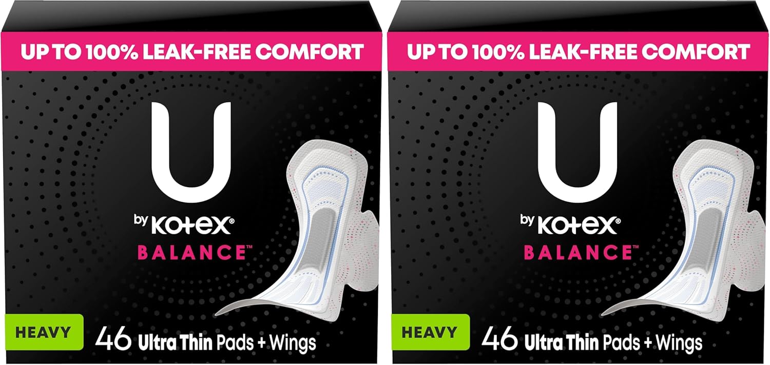U by Kotex Balance Ultra Thin Pads with Wings, Heavy Absorbency, 46 Count (Packaging May Vary) (Pack of 2)