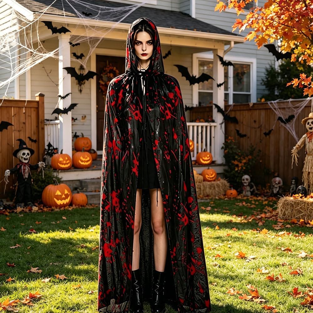Bloody Vampire Hooded Cloak, Black Red Blood Splatter Long Witch Cape Robes, Gothic Adult Unisex Horror Cosplay Cape for Halloween Party Dress Up Costume