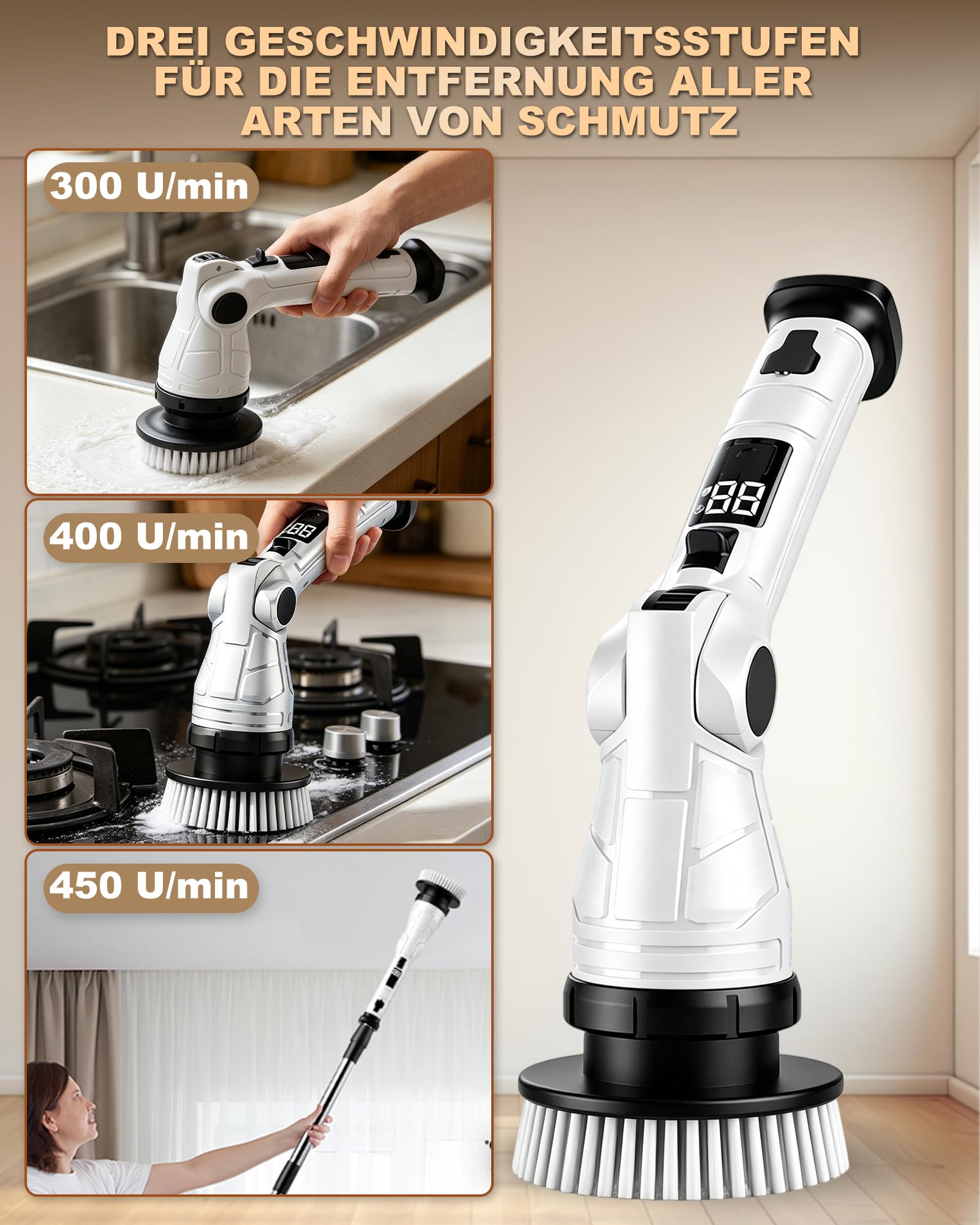 Cepillo de limpieza eléctrico 8 en 1, cepillo de limpieza eléctrico con mango extensible, USB-C, IPX7 impermeable, 3 velocidades, cepillo eléctrico para ducha, azulejos, suelos, cocina