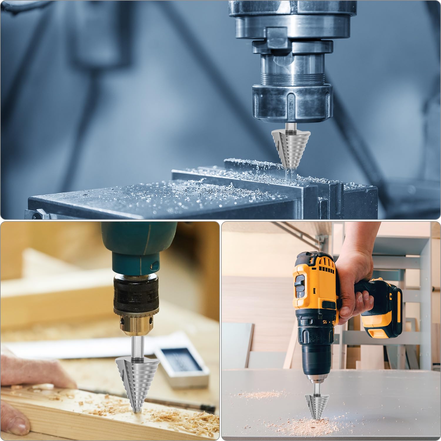 QWORK® Fresa a Gradini Ø 5-35mm (13 Livelli), HSS 4241, Rivestimento in Titanio - Albero Triangolare da 9.5mm - Per Alluminio, Ferro, Legno, e Plastica