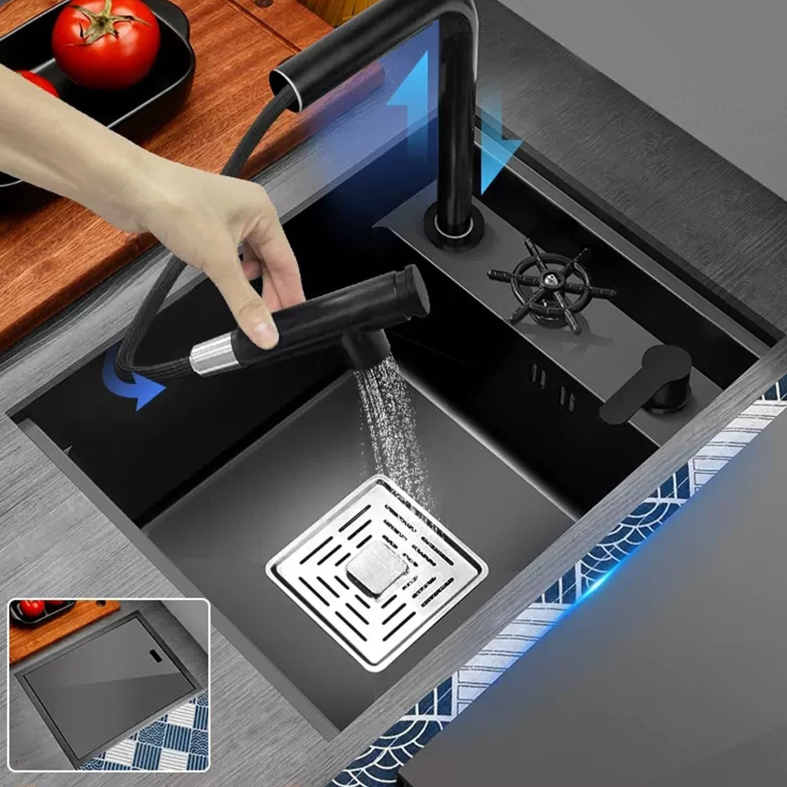 Fregadero de cocina de acero inoxidable negro con grifo elevador y arandela de taza oculta, fregadero de un solo tazón para el hogar, apartamento, bar, RV, kit de instalación completo (45 x 38 x 22 cm