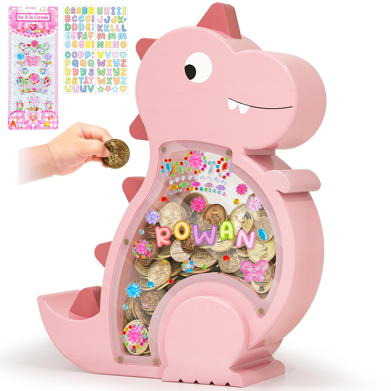 Kibelly Pink Piggy Bank for Girls Wooden Dinosaur Bank Cute Personalized Money Bank Birthday Gift Children's Day Gifts Room Decor