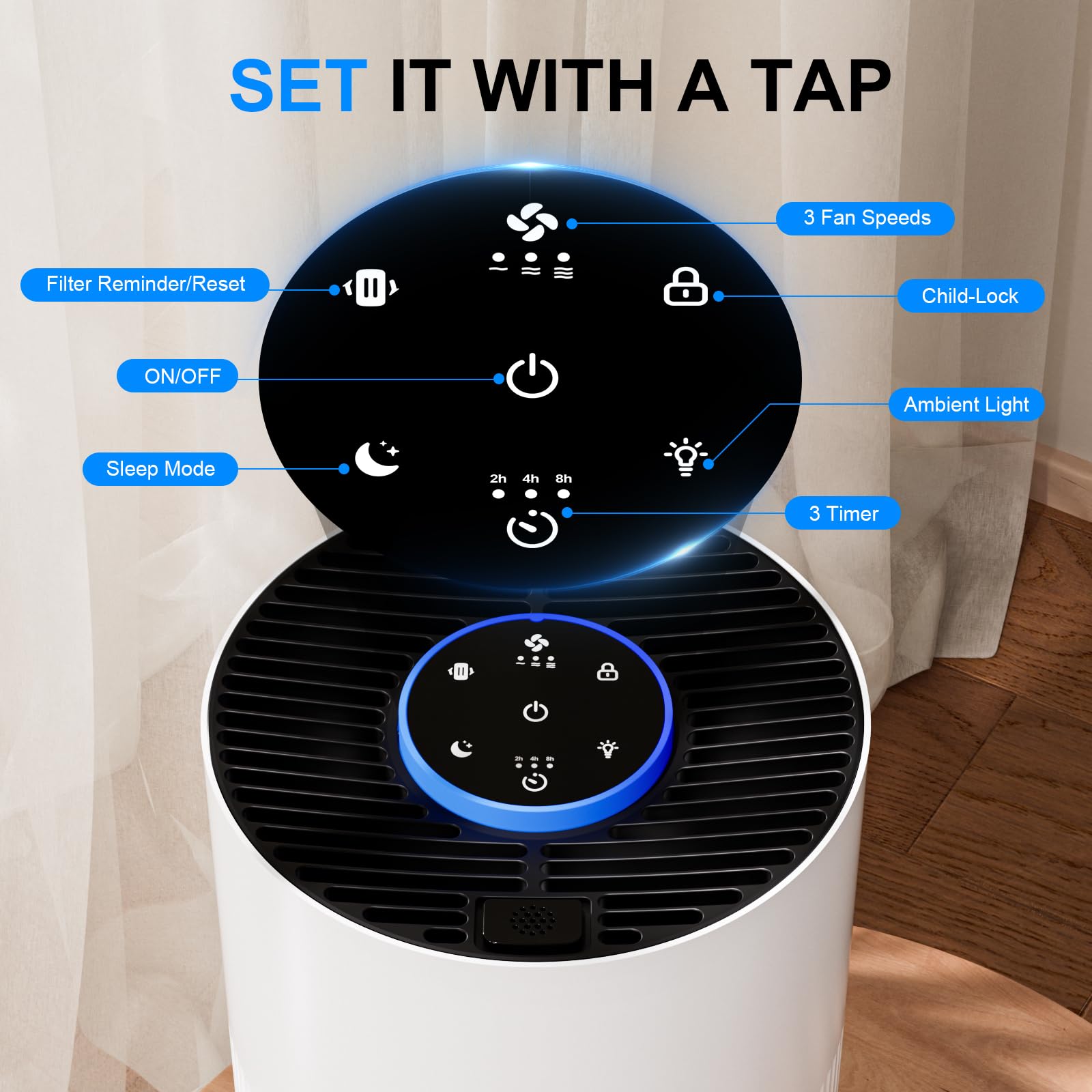 Purificadores de aire para el dormitorio del hogar de hasta 1000 pies cuadrados, purificadores de aire H14 True HEPA para habitación con modo de sueño, modo de luz y función de aroma 6