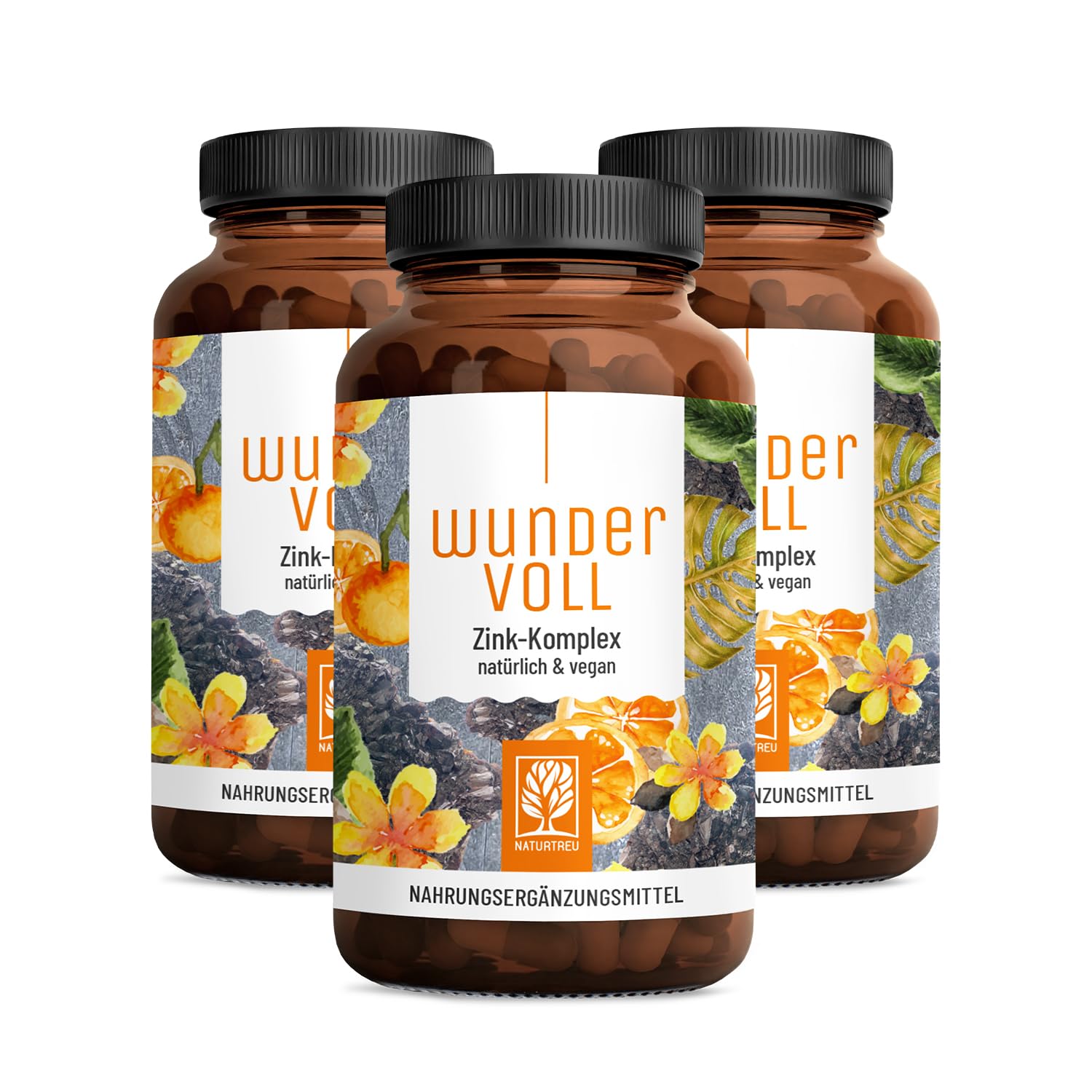 NATURTREU® Zink hochdosiert 25mg - 3-fach Vitamin C Zink Kapseln | 270 Tage Vorrat - Vorteilsbundle 3er Paket - vegan - in Deutschland produziert - Zink Komplex Vitamin C