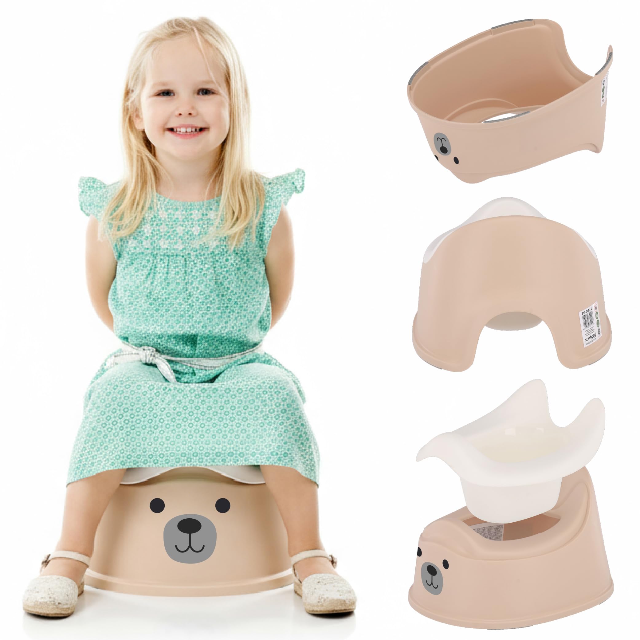 sun baby Nocnik dla dzieci 18-36 miesięcy, antypoślizgowe nóżki, ergonomiczne oparcie, wyjmowany wkład, tworzywo sztuczne, do 15 kg (Beżowo-Biały + Naklejka Miś)