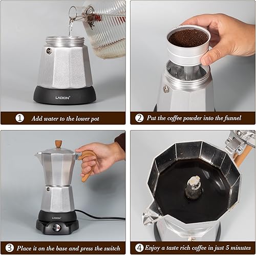 Miniatura 5 de Cafeteras Electricas Modernas, cafetera portátil de 6 tazas, olla Moka de 10.1 fl oz con base desmontable y protección contra sobrecalentamiento,