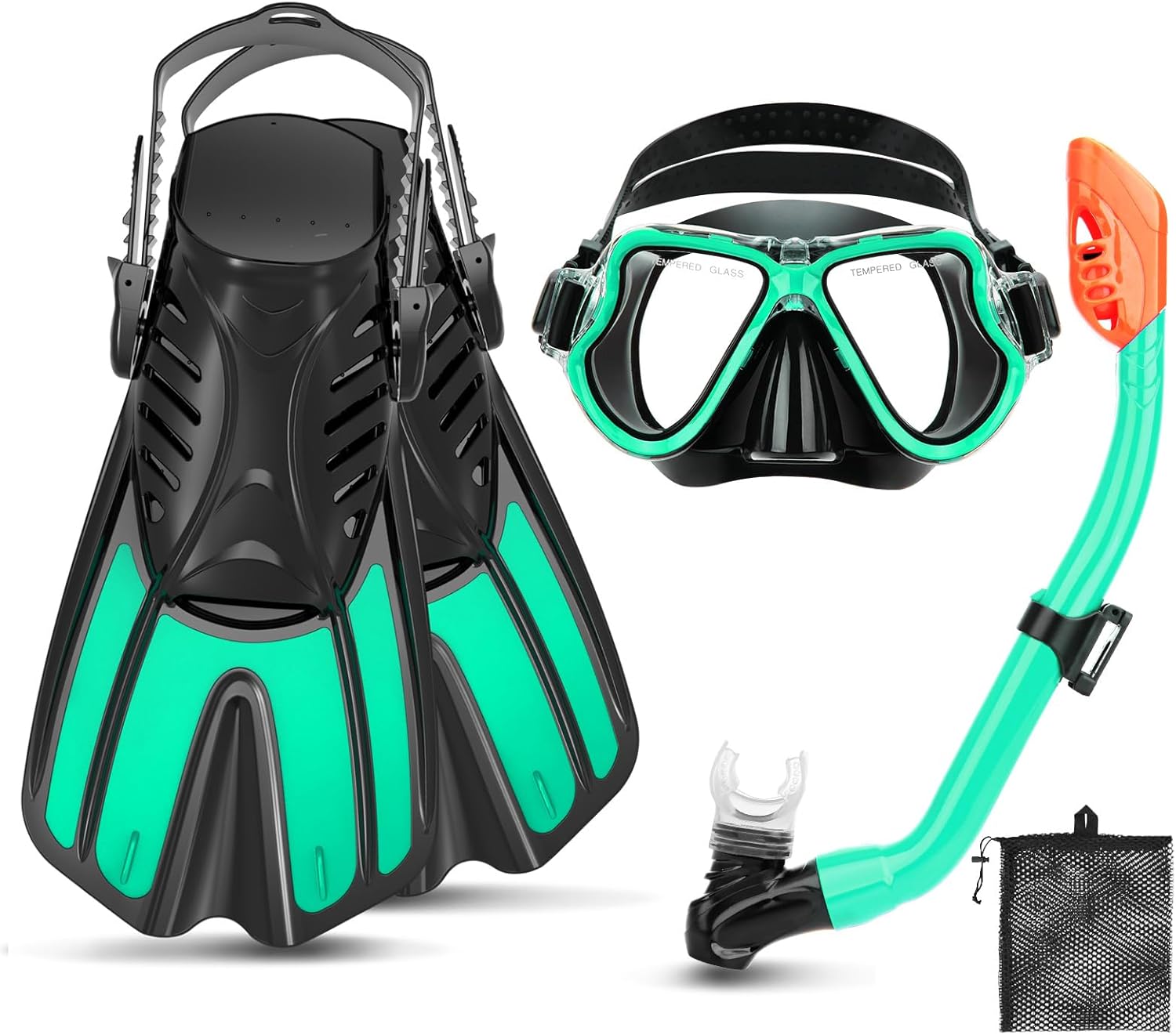 Snorkeling Gear for Kids Ages 3-14, 4 in 1 Mask Fins Snorkel Set with Panoramic View Anti Fog Mask, Dry Top Snorkel, Trek Fins and Travel Bag, Kids Snorkel Set for Snorkeling Swimming
