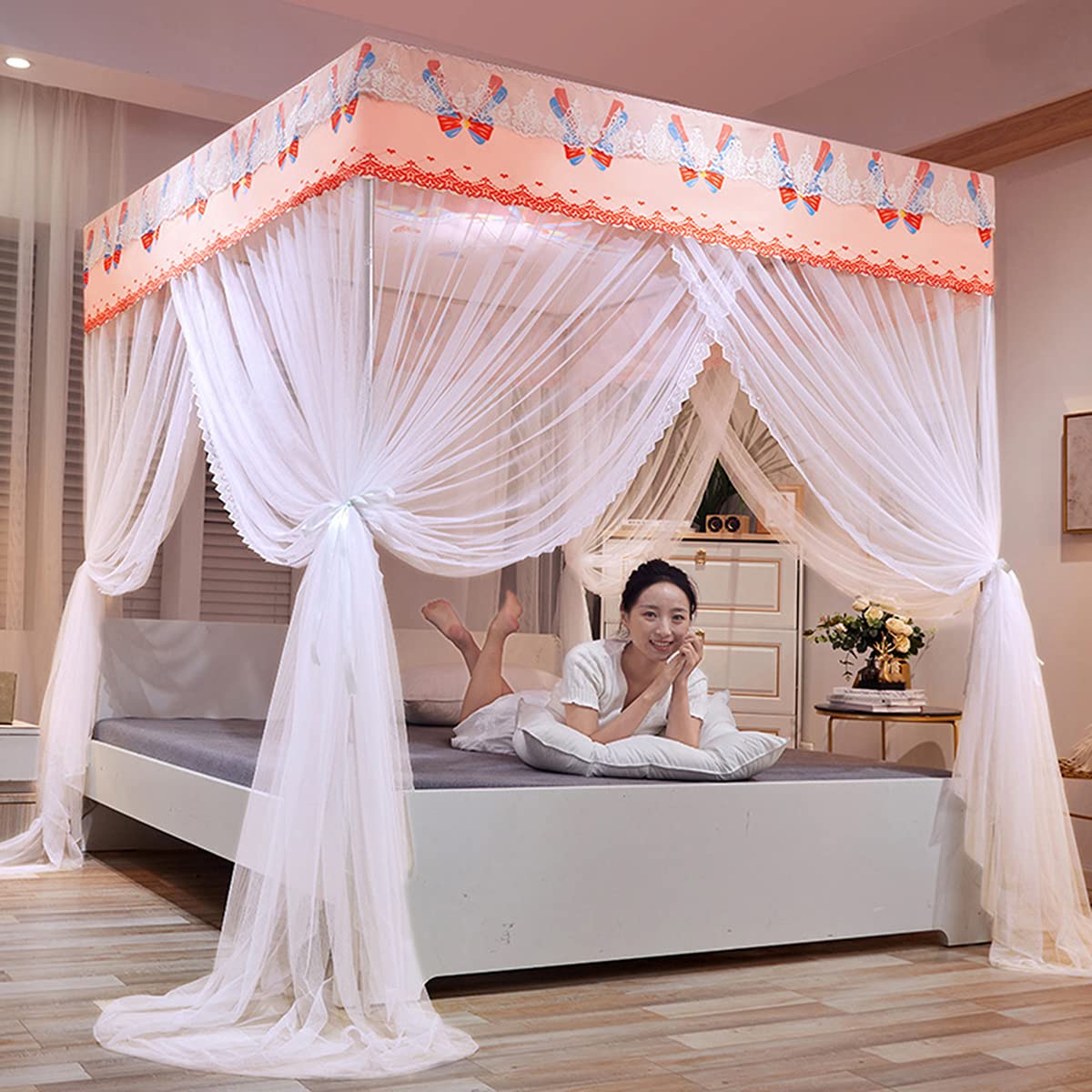 GJMSSMY Bed Canopies Frame,Elegant Red Mosquito Net Canopy for Double Bed, 4 Corner Post Tent with Lace Edge Curtains, Decorative Bedroom Accessory, Size 1.8 * 2.0M