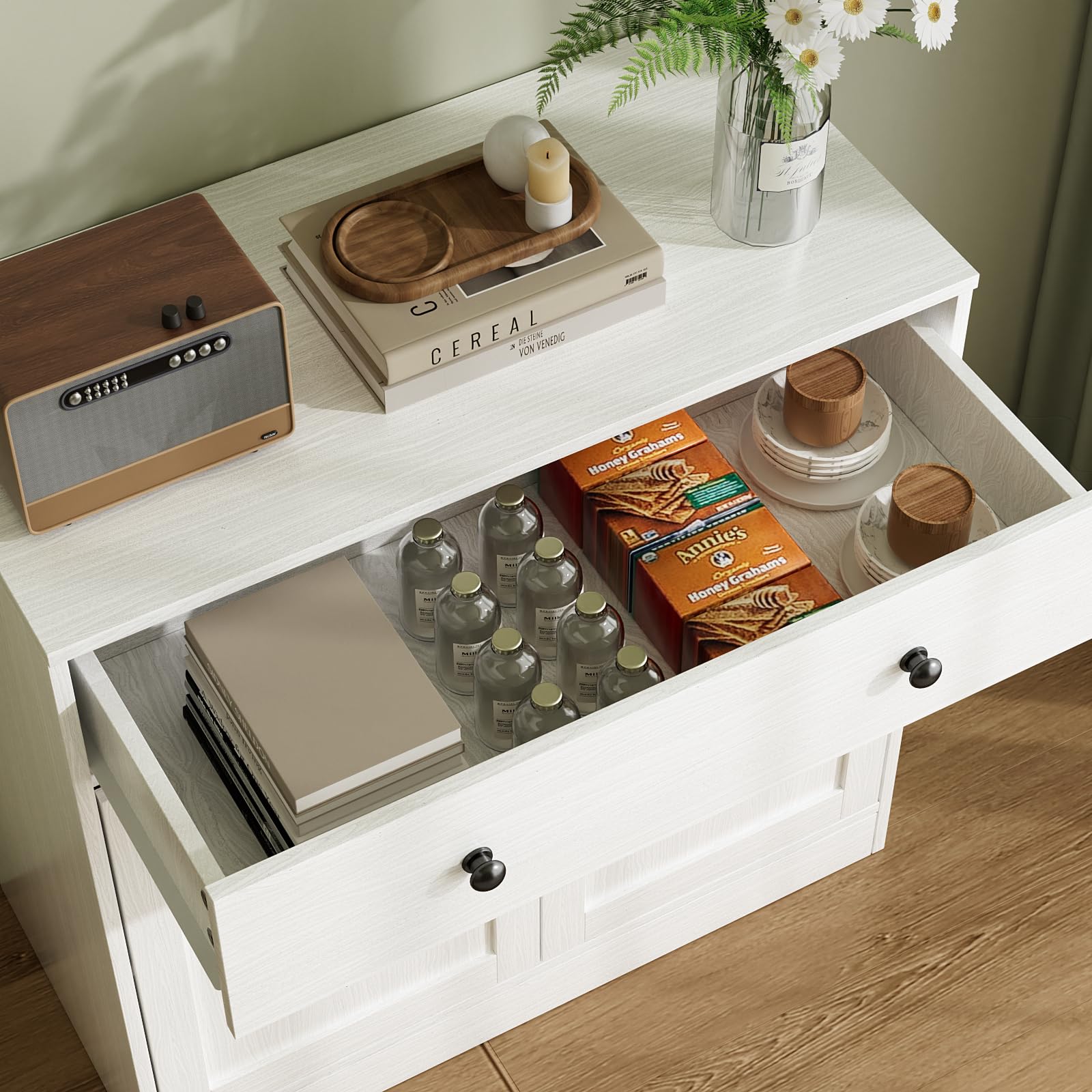 VOWNER Sideboard mit Schubladen, Kommode mit 2 Türen, Küchenschrank mit Arbeitsplatte, Buffetschrank, TV Board, Aufbewahrungsschrank für Wohnzimmer Schlafzimmer, 40 x 80 x 80 cm (Weiß, 1PCS)