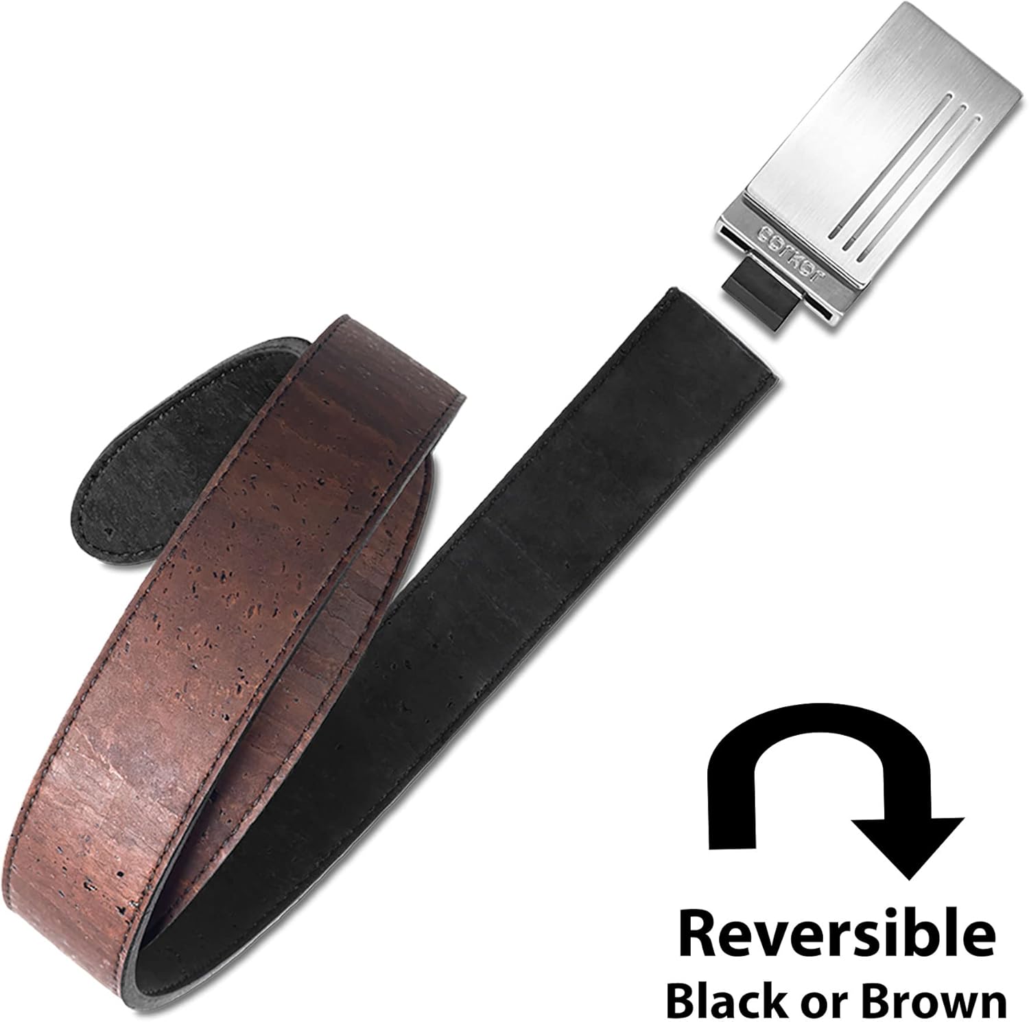 Corkor Men Reversible Cork Belt Faux Leather - Vegan Leather Dress for Jeans Adjustable Belt – Brown Black - 1,38" Wide