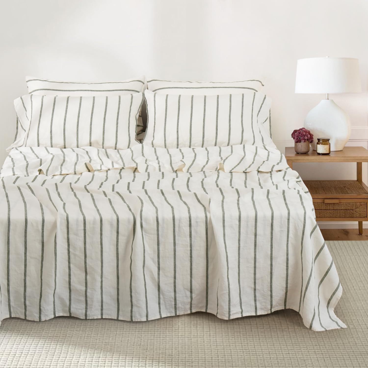 S VICTORY SYMBOL 100% Organic Linen Sheets Set,Yarn Dyed Green Vertical Stripe Bed Sheets,French Natural Flax Bedding Set,Queen Size Washed Linen 4pcs Farmhouse Bed Sheets