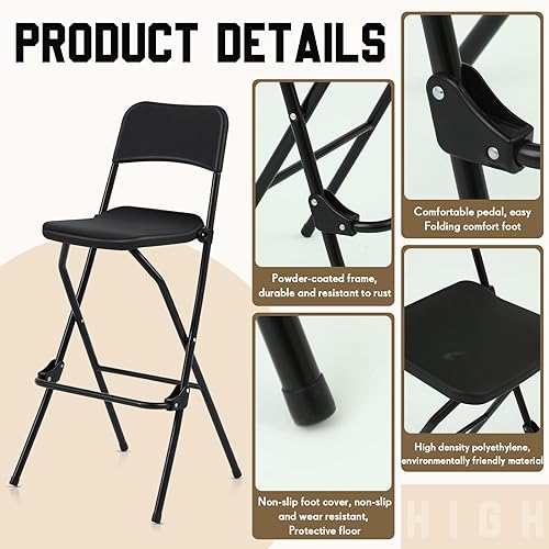 Miniatura 4 de Sintuff 2 taburetes de bar plegables altos, portátiles, plegables con marco de metal con respaldo y reposapiés, sillas plegables de altura de barra