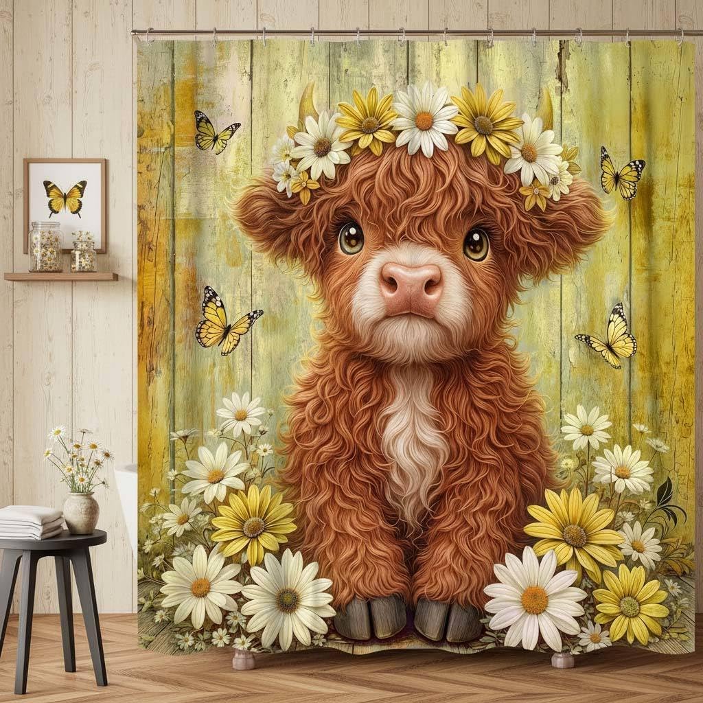 Cute Cow Shower Curtain, Farmhouse Rustic Yellow Floral Daisy Highland Cow Shower Curtains for Bathroom, Calf Country Farm Animal Garden Plant Fabric Bathroom Decor with Hooks, 70x84 inch