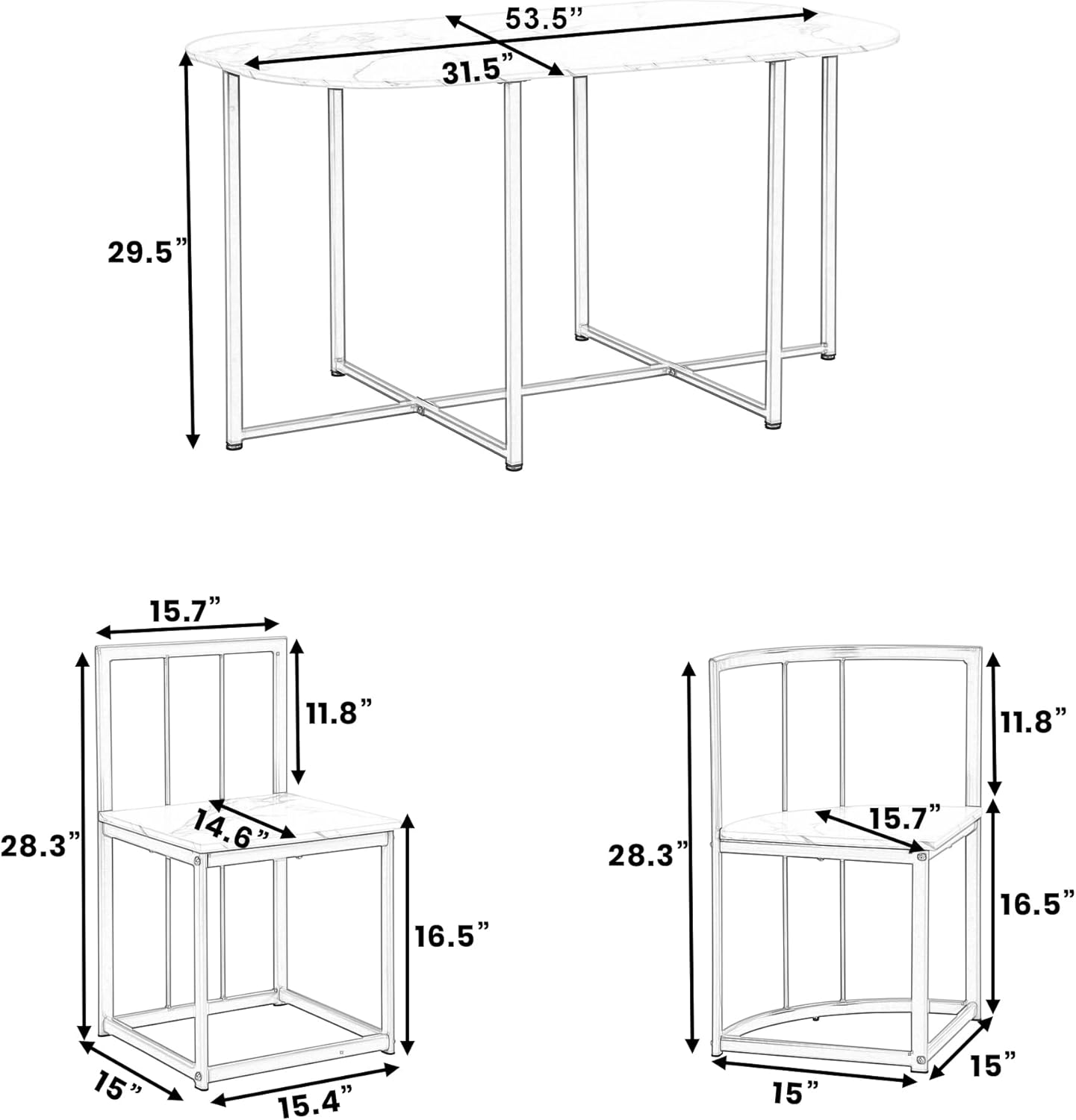 Diagram showing dimensions of the Merax dining table and chairs