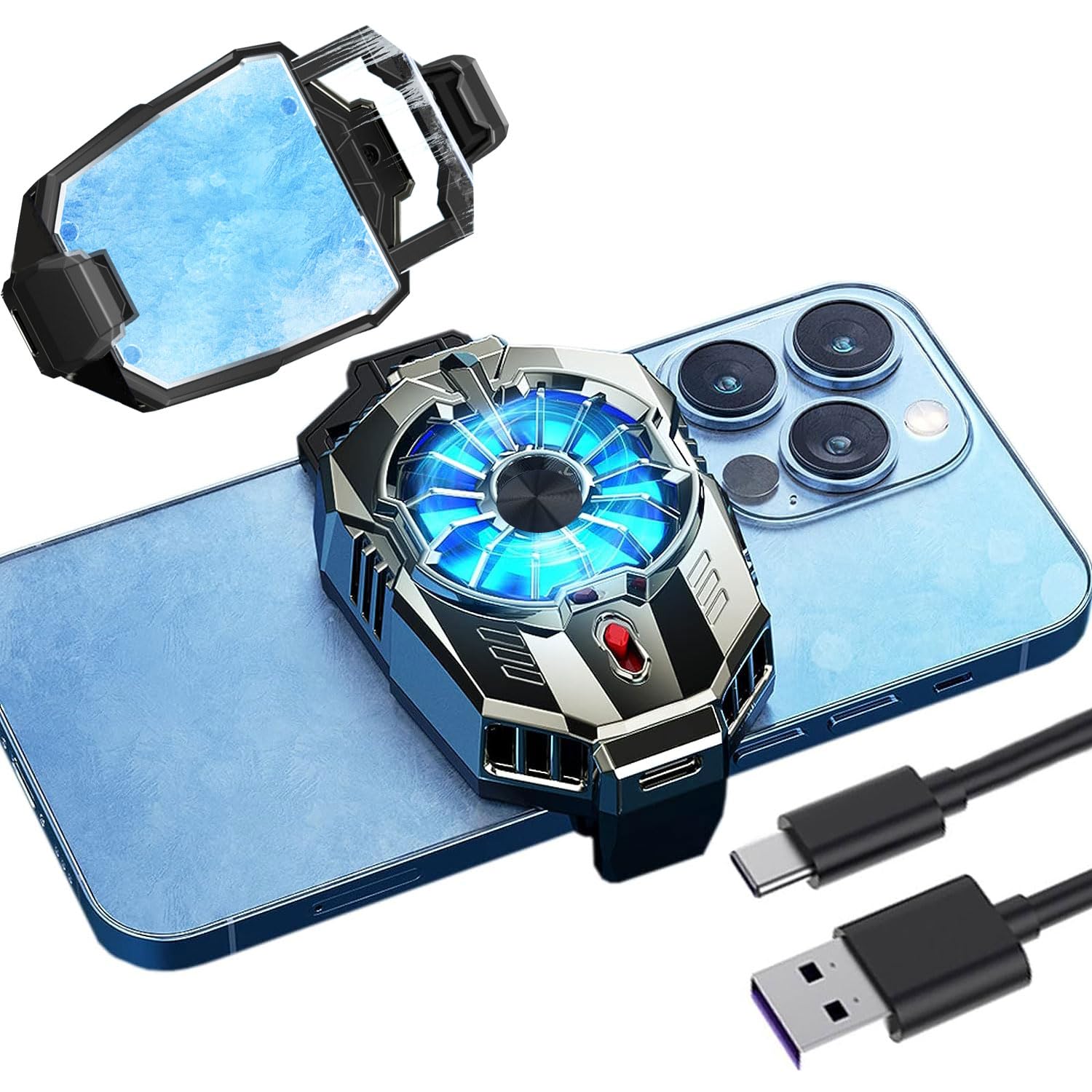 UOEPOWA Cooling Fan for Mobile, Phone Cooler with LED Light by Semiconductor Cooling and Fan Heat Dissipation Compatible with Mobile Phone Width 6-9cm Suitable for Games, Watching Videos