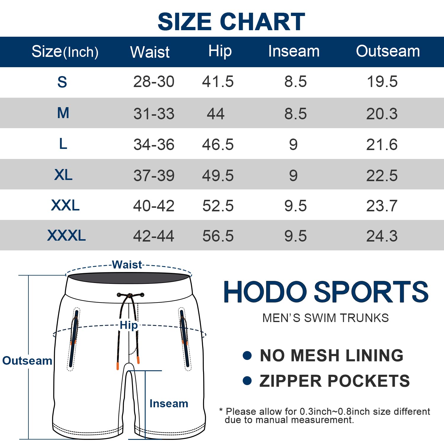 HODOSPORTS Męskie kąpielówki bez podszewki szybkoschnące 23 cm z kieszeniami na zamek błyskawiczny kostiumy kąpielowe dla mężczyzn bezliniowe szorty kąpielowe