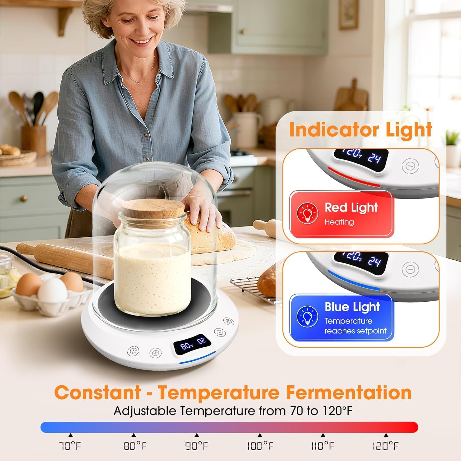 Sourdough Starter Warmer Mat, Precise 1°F Thermostat Control (70-120°F) Sourdough Heating Mat, Warmer for Sourdough Starter, 0-24h Timer, Auto On/Off, Memory Function